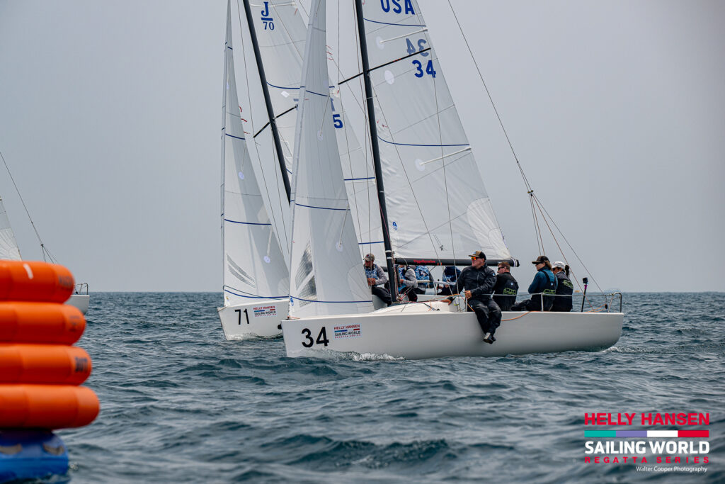 J70 sailboats approaching race mark on Lake Michigan