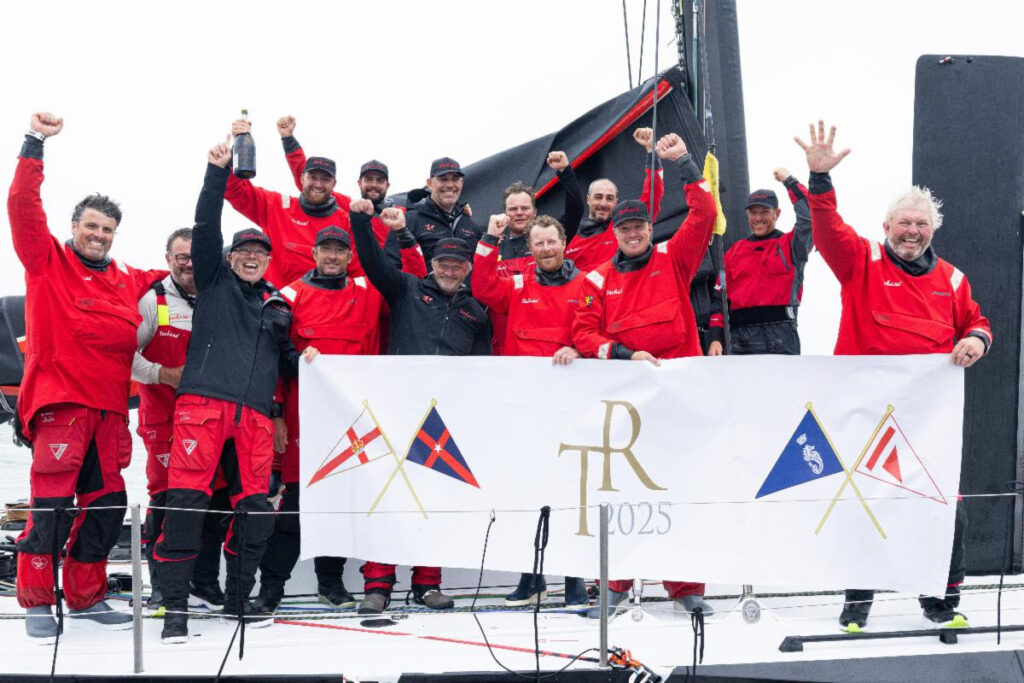 The crew of Christian Zugel's Tschuss 2 after securing line honors in the eastward Transatlantic Race between Newport, Rhode Island and Cowes, UK.