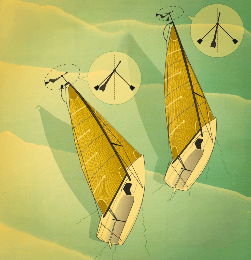 Illustration of two sailboats sailing bow-into waves